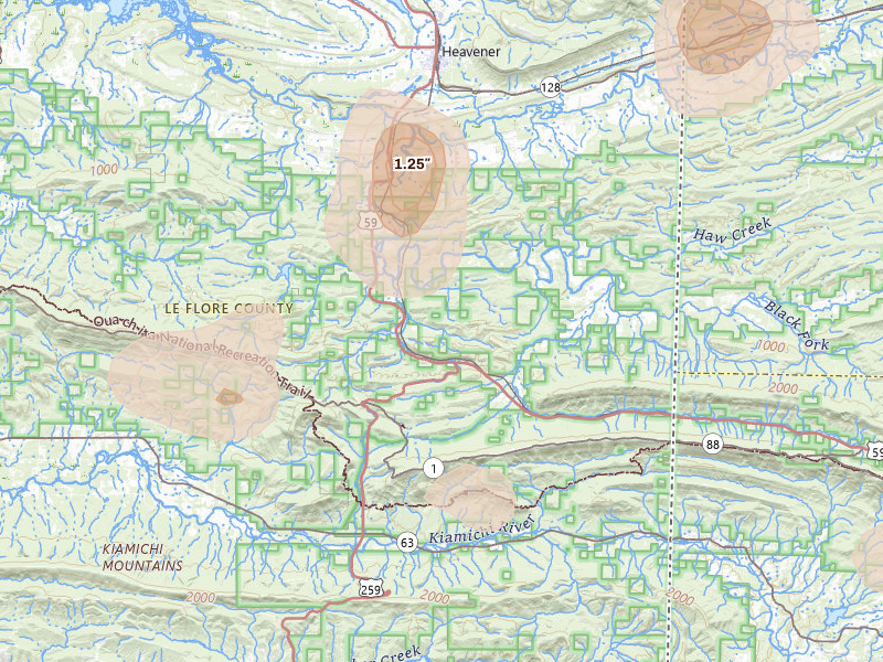 Radar-estimated hail-size map of the storm over Heavener, OK on Aug 7, 2026