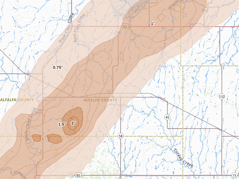 Radar-estimated hail-size map of the storm over Helena, OK on Mar 5, 2026