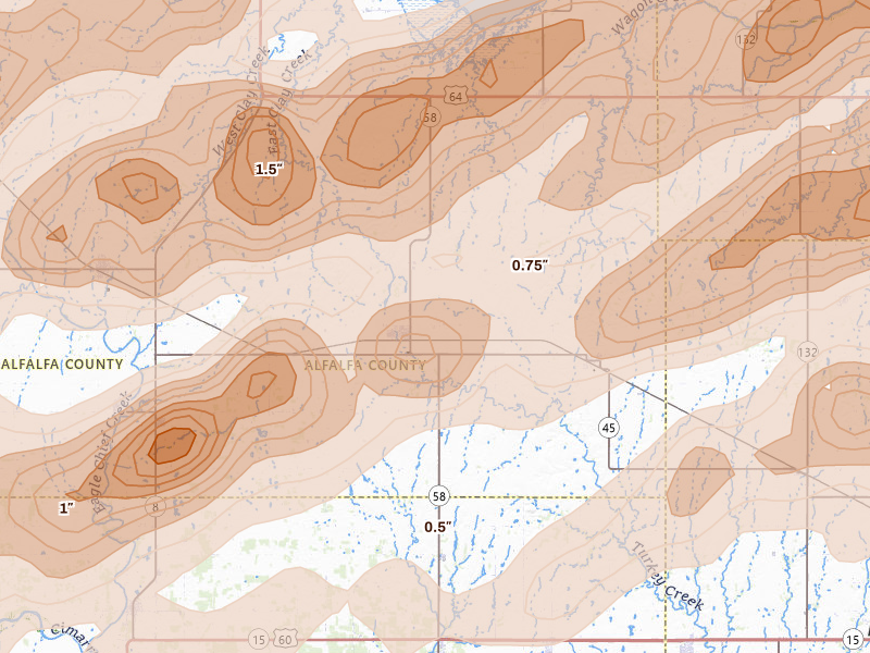 Radar-estimated hail-size map of the storm over Helena, OK on Apr 17, 2026