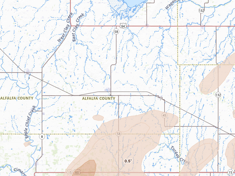 Radar-estimated hail-size map of the storm over Helena, OK on May 29, 2026
