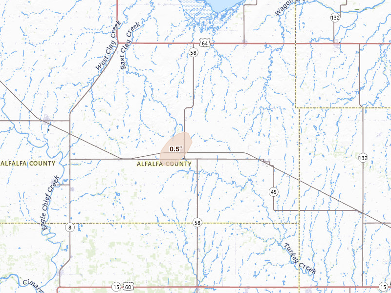 Radar-estimated hail-size map of the storm over Helena, OK on Jun 4, 2026