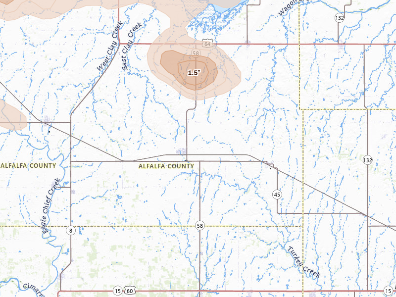 Radar-estimated hail-size map of the storm over Helena, OK on Jul 4, 2026