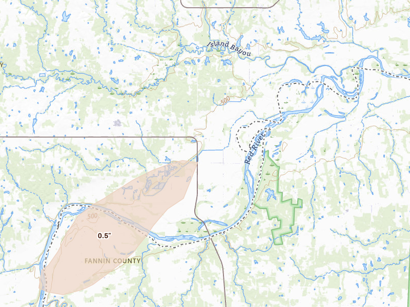 Radar-estimated hail-size map of the storm over Hendrix, OK on Apr 15, 2026