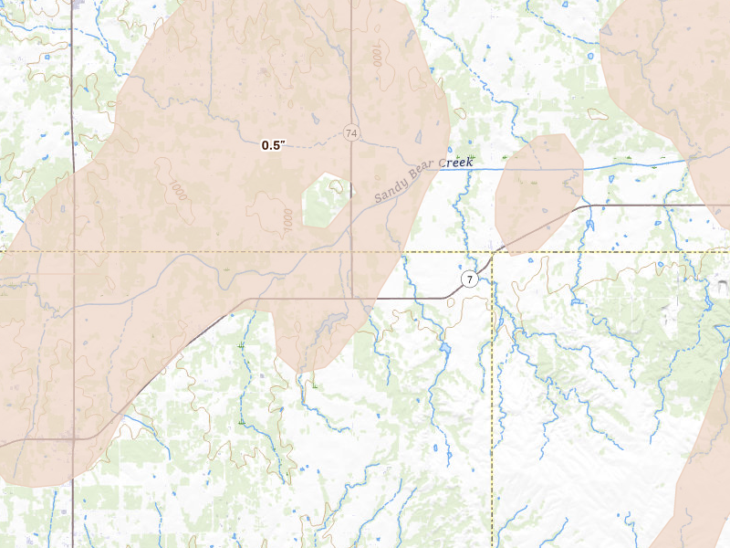 Radar-estimated hail-size map of the storm over Hennepin, OK on Mar 6, 2026
