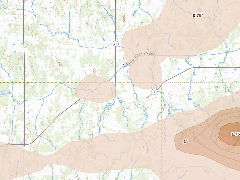 Radar-estimated hail-size map of the storm over Hennepin, OK on Apr 28, 2026
