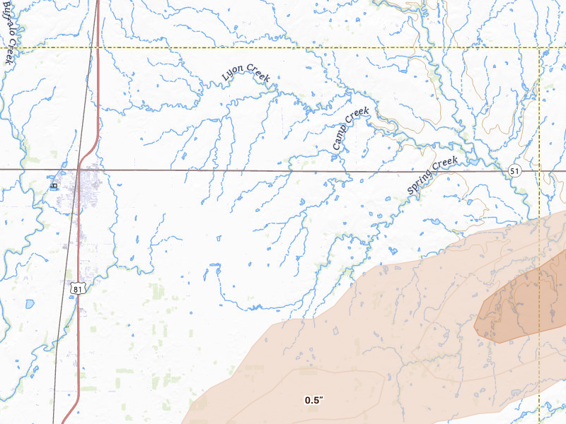 Radar-estimated hail-size map of the storm over Hennessey, OK on Apr 1, 2026