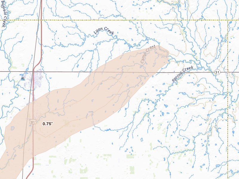Radar-estimated hail-size map of the storm over Hennessey, OK on Apr 3, 2026