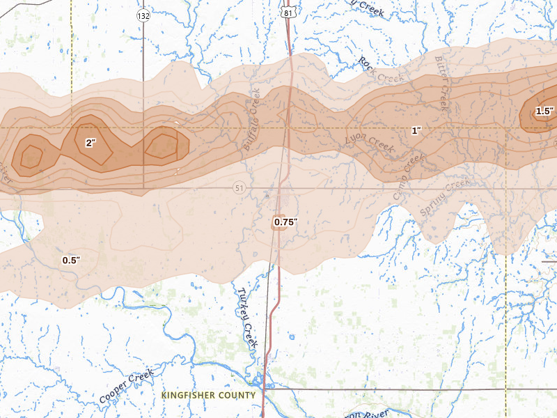 Radar-estimated hail-size map of the storm over Hennessey, OK on Apr 17, 2026