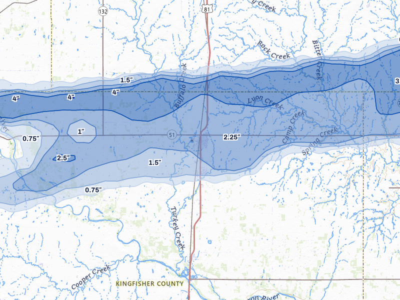 NEXRAD radar-signature map of the hail over Hennessey, OK
