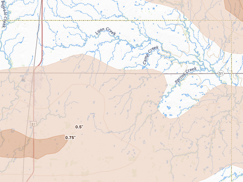 Radar-estimated hail-size map of the storm over Hennessey, OK on Apr 23, 2026