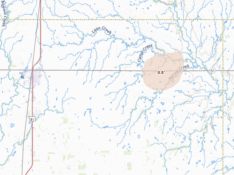 Radar-estimated hail-size map of the storm over Hennessey, OK on Jun 12, 2026