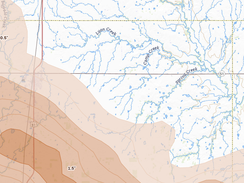 Radar-estimated hail-size map of the storm over Hennessey, OK on Jun 26, 2026