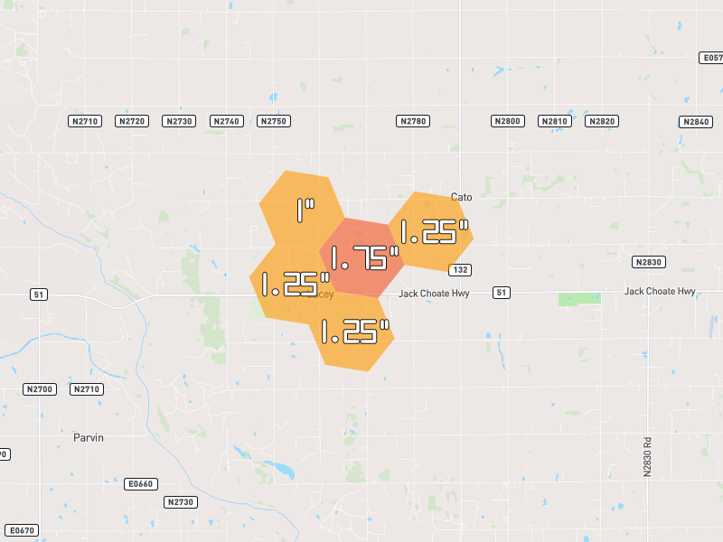 Hail map of Hennessey, OK on Jun 26, 2026, hail up to 1.75"