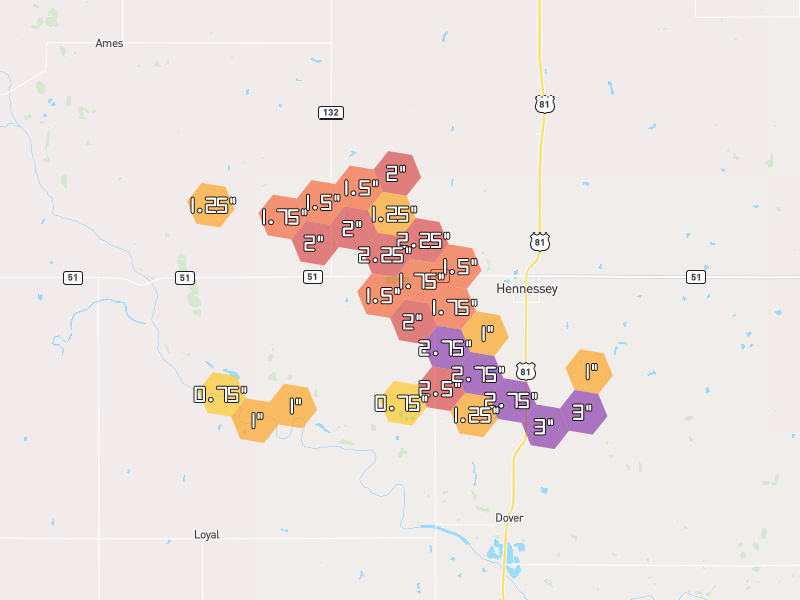 Hail map of Hennessey, OK on Jun 27, 2026, hail up to 3"