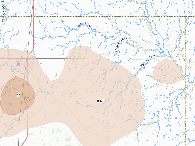 Radar-estimated hail-size map of the storm over Hennessey, OK on Jul 11, 2026