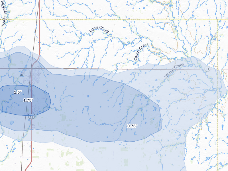 NEXRAD radar-signature map of the hail storm over Hennessey, OK on Jul 11, 2026