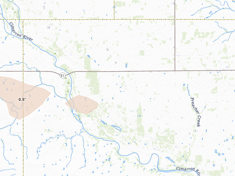 Radar-estimated hail-size map of the storm over Hennessey, OK on Aug 7, 2026
