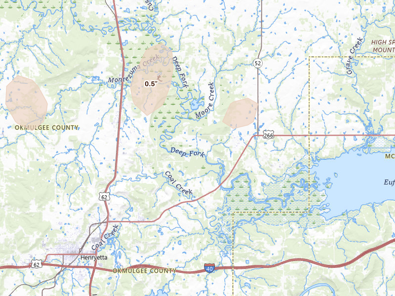 Radar-estimated hail-size map of the storm over Henryetta, OK on Jul 4, 2026