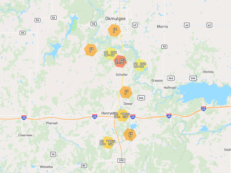 Hail map of Henryetta, OK on Jul 5, 2026, hail up to 1.5"