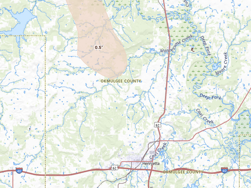 Radar-estimated hail-size map of the storm over Henryetta, OK on Aug 20, 2026