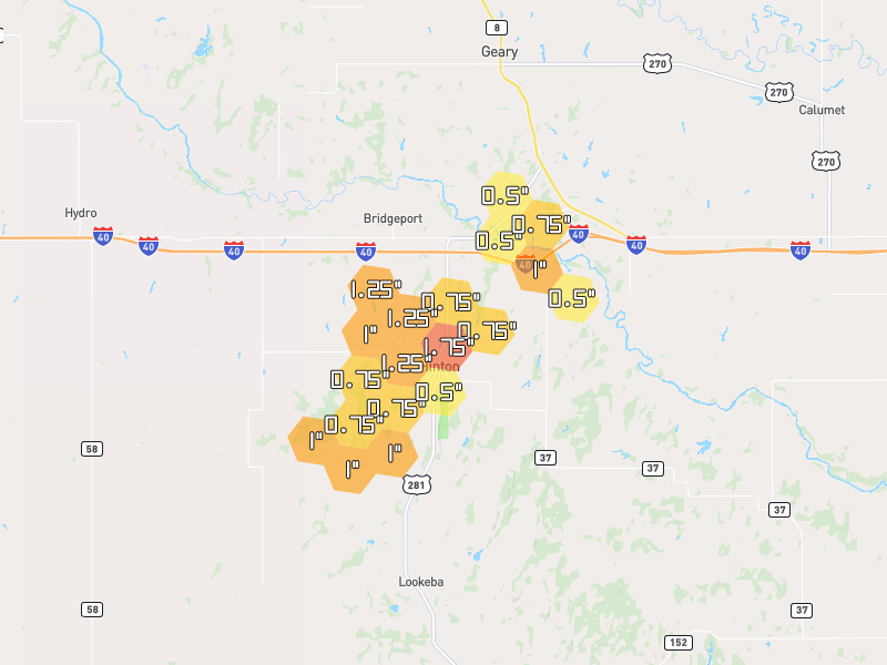 Hail map of Hinton, OK on Jun 1, 2026, hail up to 1.75"