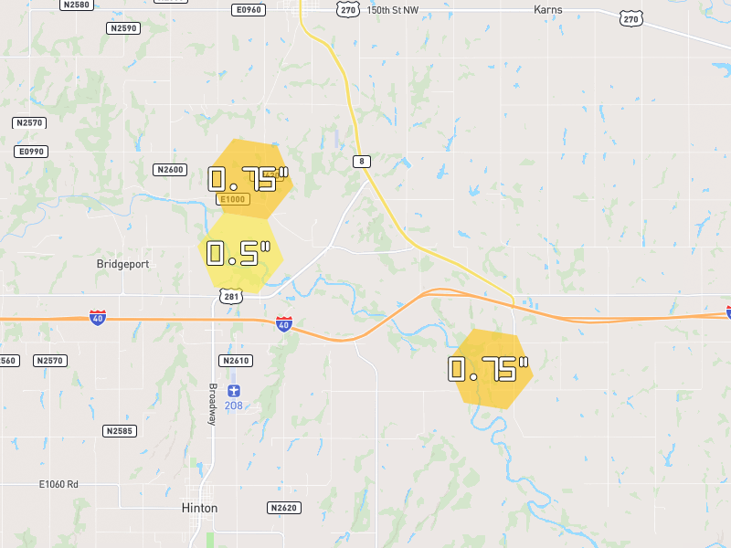 Hail map of Hinton, OK on Jun 26, 2026, hail up to 0.75"