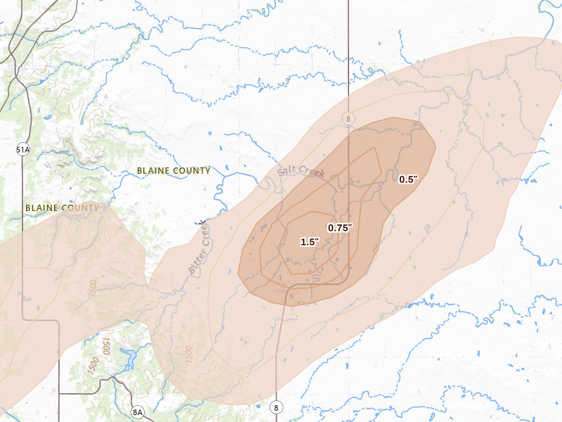 Radar-estimated hail-size map of the storm over Hitchcock, OK on Apr 1, 2026