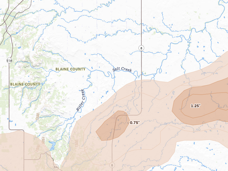 Radar-estimated hail-size map of the storm over Hitchcock, OK on Jun 26, 2026