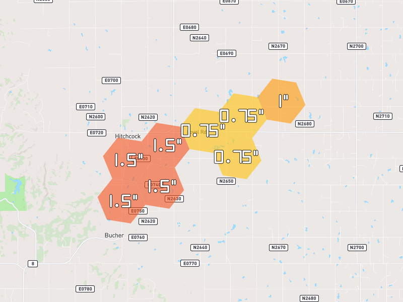 Hail map of Hitchcock, OK on Jun 26, 2026, hail up to 1.5"