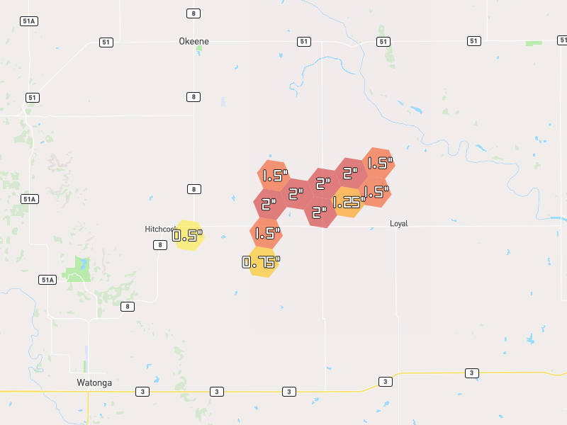 Hail map of Hitchcock, OK on Jun 27, 2026, hail up to 2"
