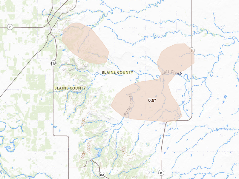 Radar-estimated hail-size map of the storm over Hitchcock, OK on Aug 7, 2026