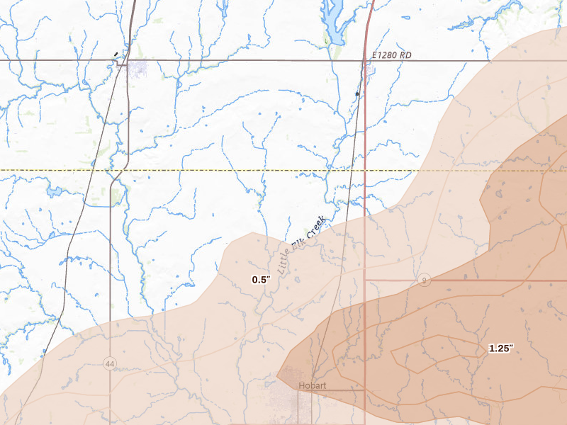 Radar-estimated hail-size map of the storm over Hobart, OK on Apr 3, 2026