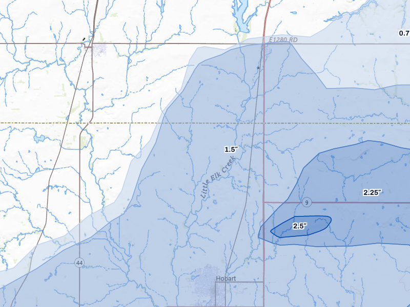 NEXRAD radar-signature map of the hail over Hobart, OK