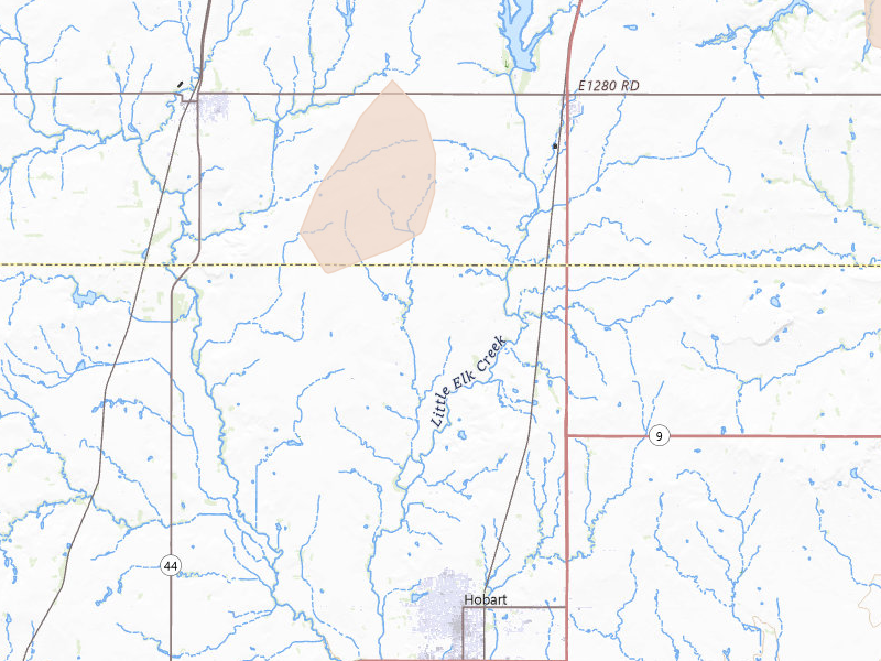 Radar-estimated hail-size map of the storm over Hobart, OK on Jun 5, 2026