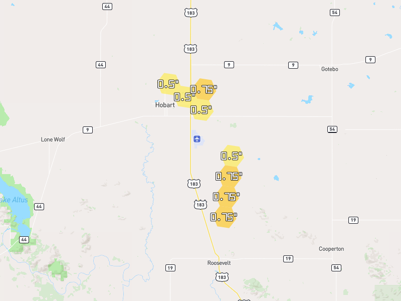 Hail map of Hobart, OK on Jun 5, 2026, hail up to 0.75"