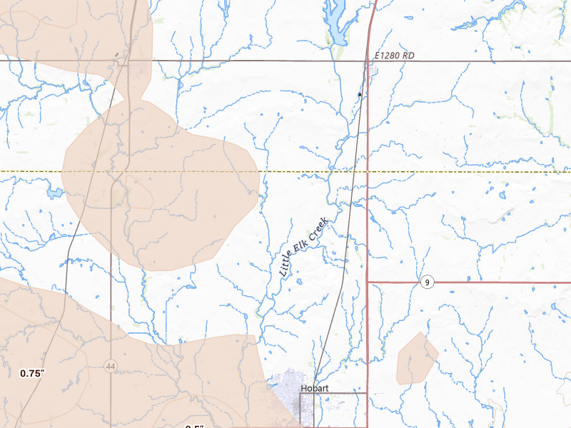 Radar-estimated hail-size map of the storm over Hobart, OK on Jul 4, 2026