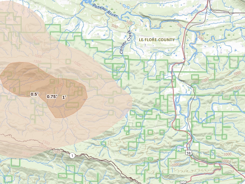 Radar-estimated hail-size map of the storm over Hodgen, OK on Apr 24, 2026