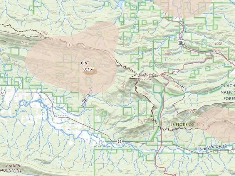 Radar-estimated hail-size map of the storm over Hodgen, OK on Aug 7, 2026