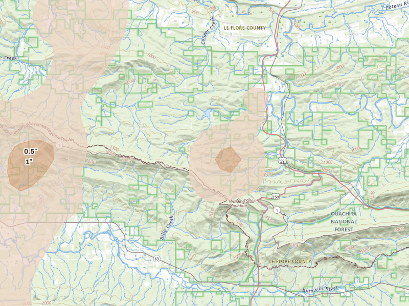 Radar-estimated hail-size map of the storm over Hodgen, OK