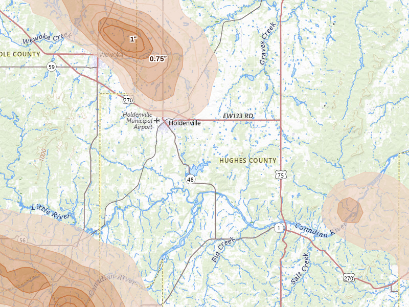 Radar-estimated hail-size map of the storm over Holdenville, OK on Apr 24, 2026