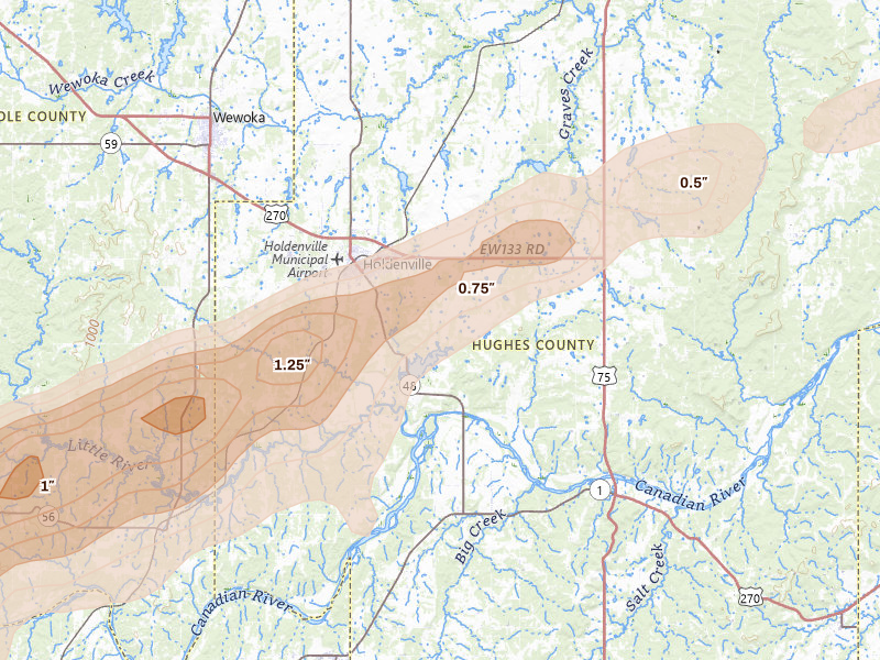 Radar-estimated hail-size map of the storm over Holdenville, OK on Apr 28, 2026