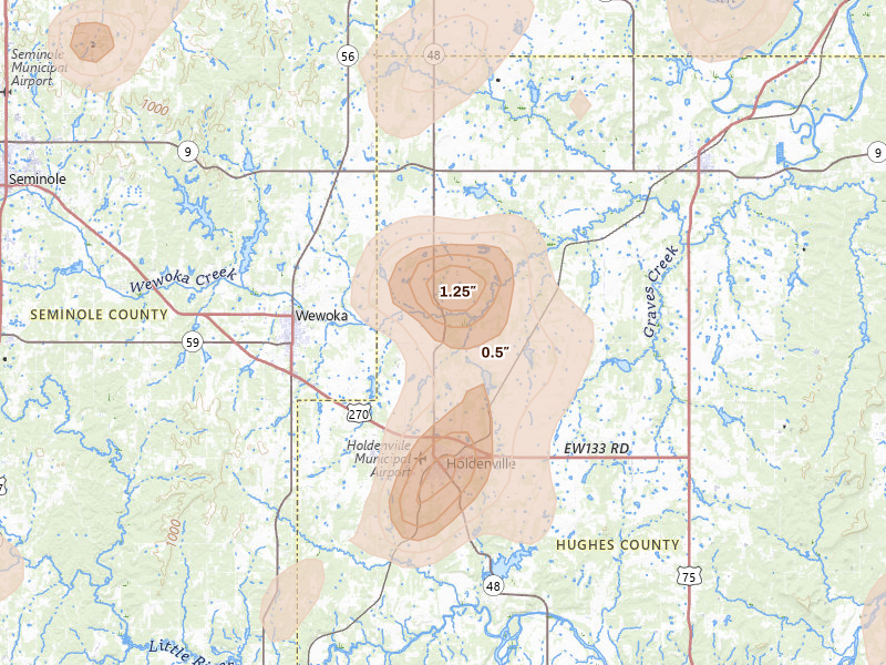 Radar-estimated hail-size map of the storm over Holdenville, OK on Aug 7, 2026