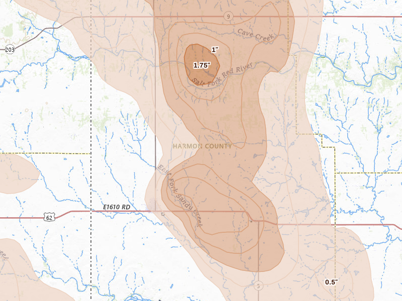 Radar-estimated hail-size map of the storm over Hollis, OK on Jun 23, 2026