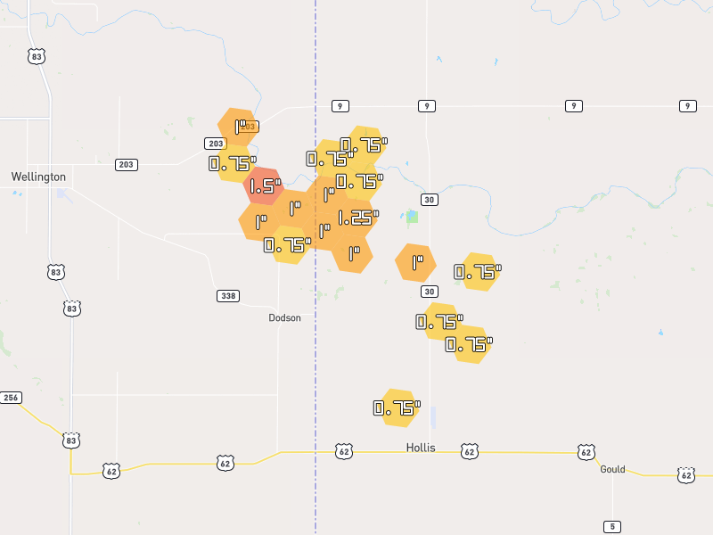 Hail map of Hollis, OK on Jul 5, 2026, hail up to 1.5"