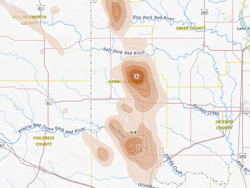 Radar-estimated hail-size map of the storm over Hollis, OK on Aug 25, 2026
