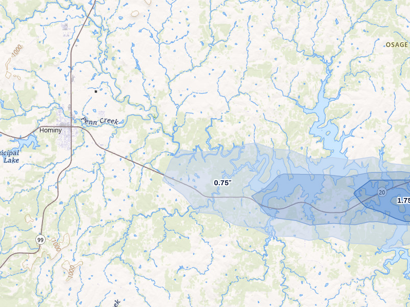 NEXRAD radar-signature map of the hail storm over Hominy, OK on Mar 1, 2026