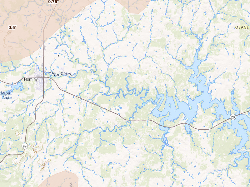 Radar-estimated hail-size map of the storm over Hominy, OK on Apr 1, 2026
