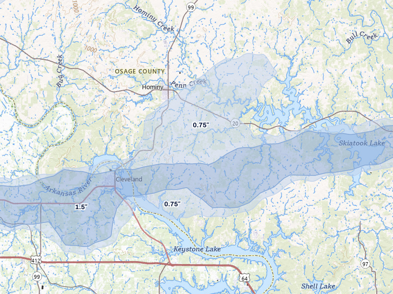 NEXRAD radar-signature map of the hail over Hominy, OK