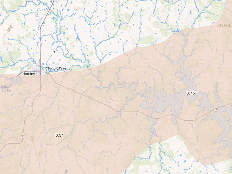 Radar-estimated hail-size map of the storm over Hominy, OK on Apr 23, 2026