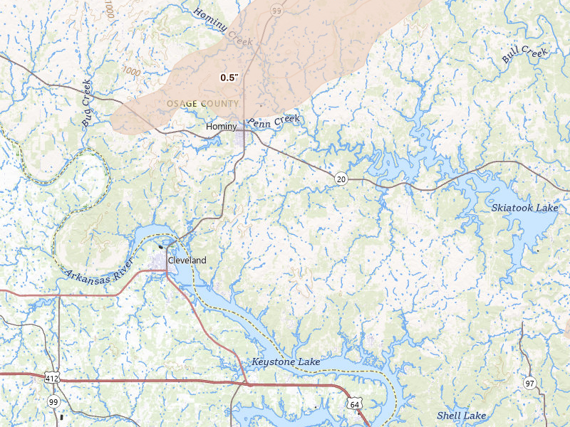 Radar-estimated hail-size map of the storm over Hominy, OK on Apr 28, 2026